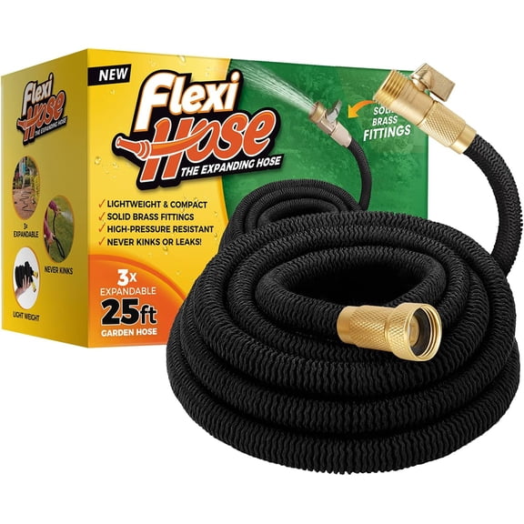 Retractable Garden Hose, 25 ft, Black, 3/4 Inch Brass Fittings, Double Latex Core