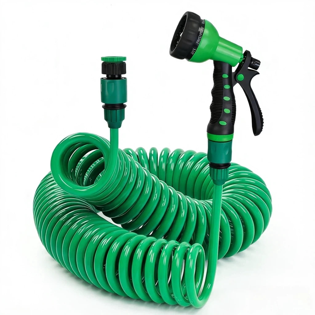 Retractable Garden Hose 50 FT, EVA Flexible Curly Water Pipes with 7-Pattern Spray Nozzle for Boat, Greenhouse, Yard, Patio, Green