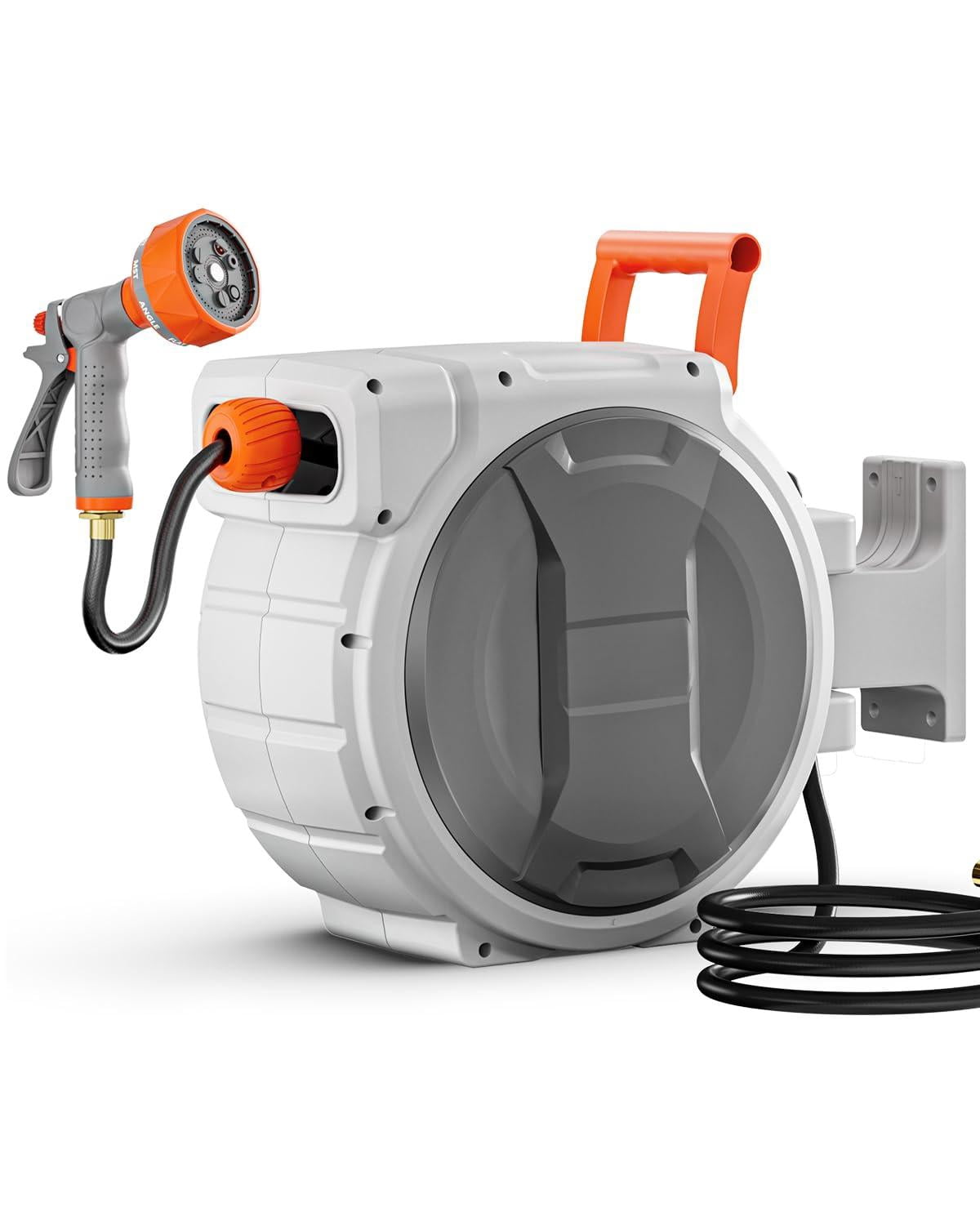 Retractable Garden Hose Reel  1/2 Inch X 65 Ft Wall Mounted Heavy Duty With 9 Patterns Nozzle Any Length Lock Upgraded Slow Return System And 180°swivel Bracket