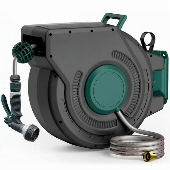 Retractable Garden Hose Reel 1/2 Inch x 120 ft, Super Heavy Duty, Any Length Lock, Slow Return System, Wall Mounted and 180 Deg Swivel Bracket