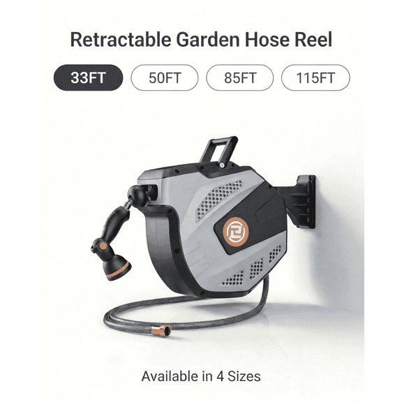 Retractable Garden Hose Reel 1/2 Inch x 33-115FT Wall Mounted with 3/4 Inch Brass Fitting & 10 Function Sprayer Nozzle, Any Length Lock, Auto Rewind System, 180° Swivel Bracket, Grey