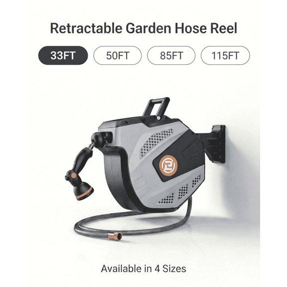 Retractable Garden Hose Reel 1/2 Inch x 33-115FT Wall Mounted with 3/4 Inch Brass Fitting & 10 Function Sprayer Nozzle, Any Length Lock, Auto Rewind System, 180° Swivel Bracket, Grey