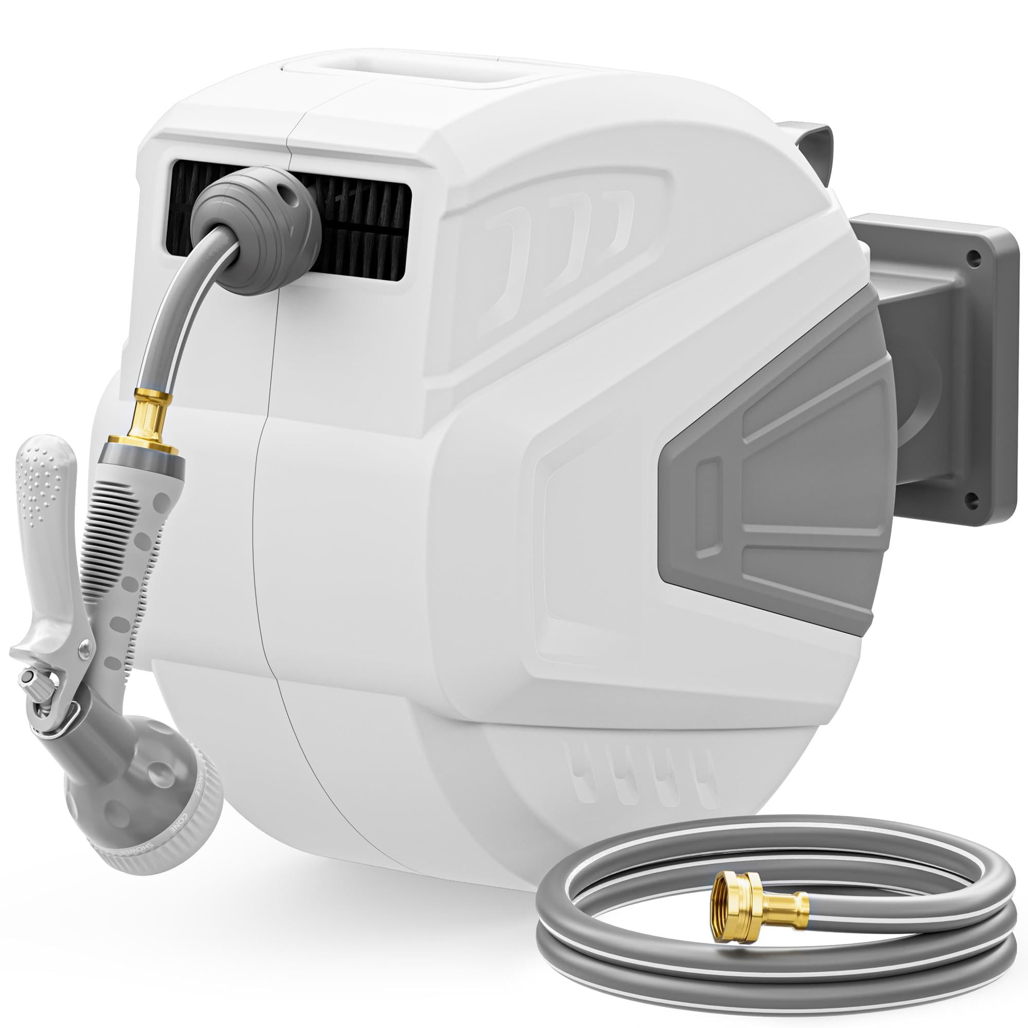 Retractable Garden Hose Reel 1/2 In X 100 Ft Wall Mounted  With 9- Function Sprayer Nozzle Any Length Lock/slow Return System/wall Mounted/180°swivel Bracket (gray)