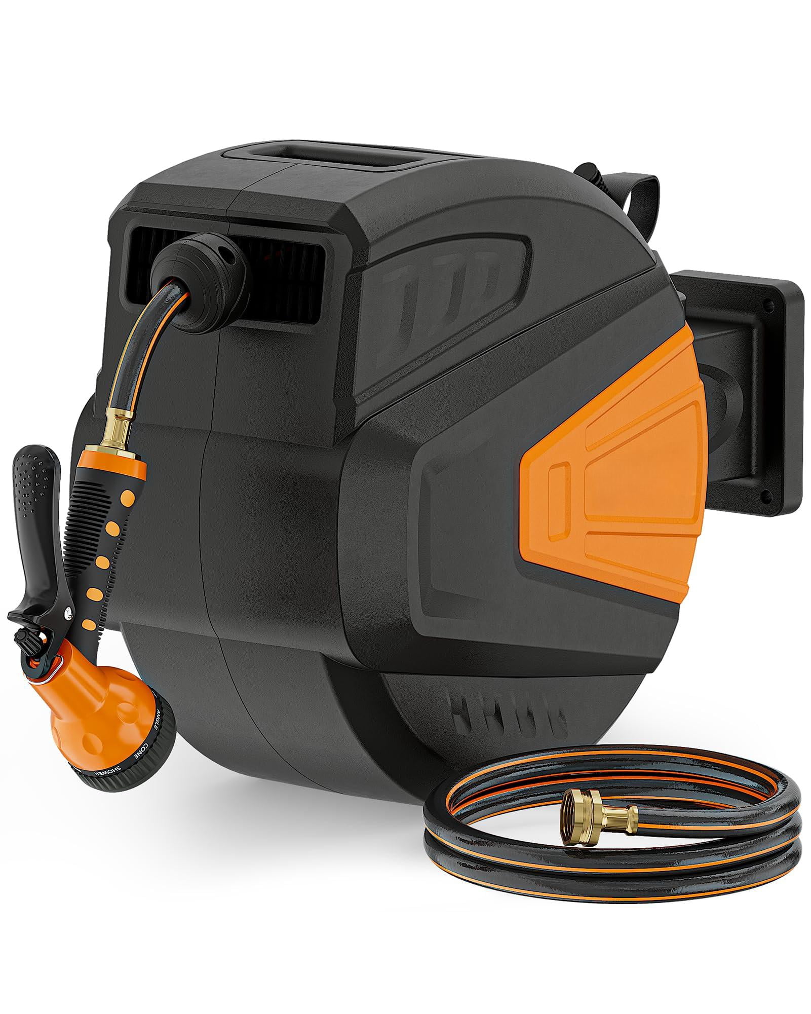 Retractable Garden Hose Reel 1/2 In X 65 Ft Wall Mounted  With 9- Function Sprayer Nozzle Any Length Lock/slow Return System/wall Mounted/180°swivel Bracket (black)