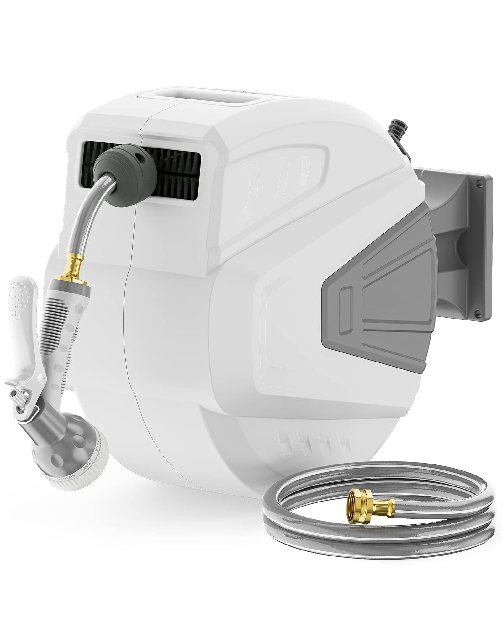 Retractable Garden Hose Reel 1/2 In X 65 Ft Wall Mounted  With 9- Function Sprayer Nozzle Any Length Lock/slow Return System/wall Mounted/180°swivel Bracket (gray)