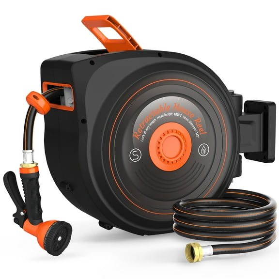 Retractable Garden Hose Reel 1/2 in x 100 ft, Auto-Rewind & Any Length Lock, 180° Swivel Heavy Duty Hose Reel Wall Mount for Outside, 10 Spray Patterns, UV-Resistant