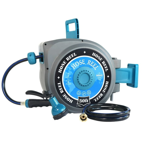 Retractable Garden Hose Reel 1/2 in x 100FT Upgraded UV Resistant Heavy Duty Automatic Hose Reel Wall Mount 3/4 in Brass Fitting 10-Function Sprayer Nozzle Any Length Lock Slow Retraction 180° Swivel