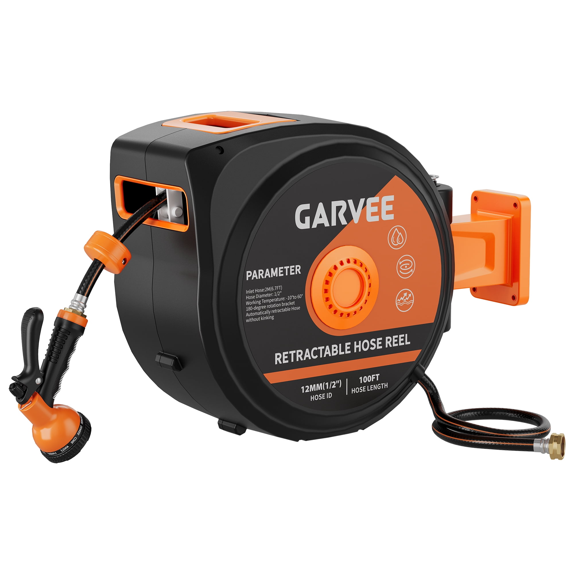 Retractable Garden Hose Reel 1/2" x 100ft – Wall Mounted Auto Rewind Hose with 180° Swivel Bracket & 10-Pattern Sprayer Nozzle