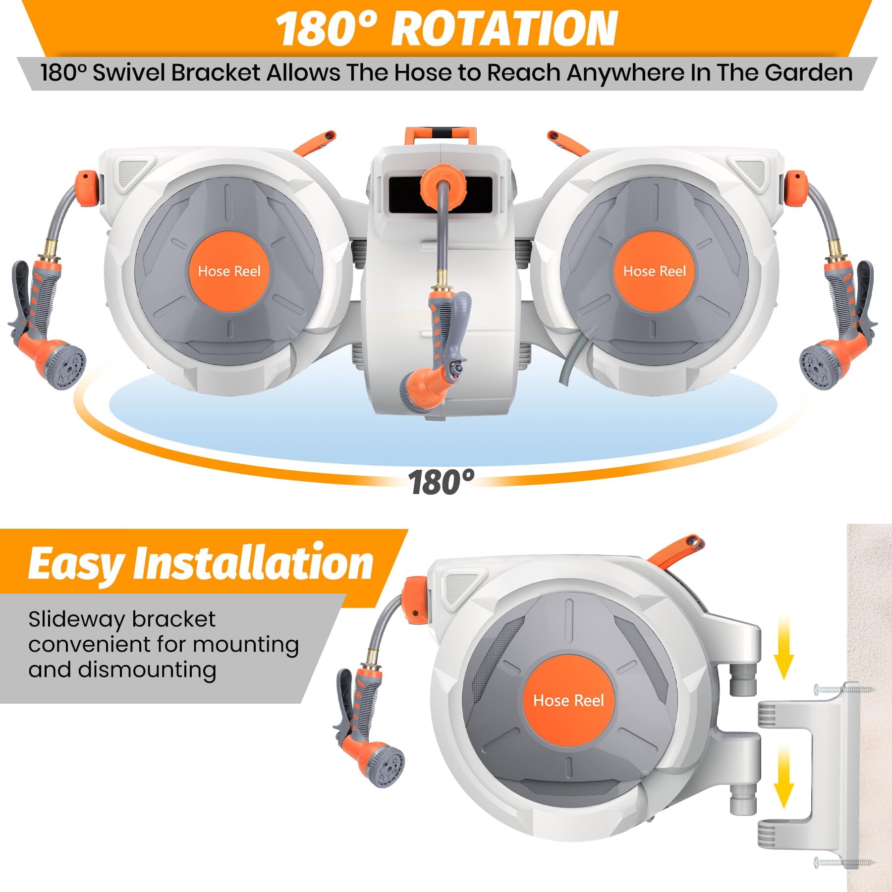 Retractable Garden Hose Reel 1/2 in x 130 ft - Wall Mounted, Heavy Duty UV Resistant - Automatic Rewind & Slow Return, Any-Length Lock, 180° Swivel Bracket, 9-Function Sprayer Nozzle