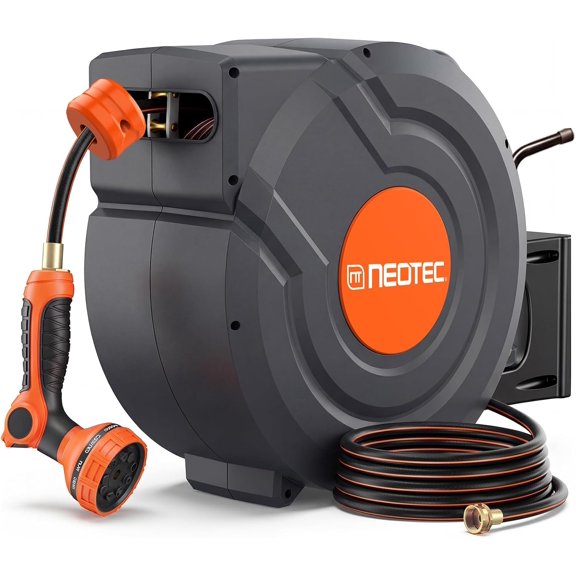 Retractable Garden Hose Reel 1/2" x 155 ft, Wall-Mounted, 9-Pattern Nozzle, Any Length Lock, Auto Slow Return, 180 Swivel, UV Resistant, Heavy Duty