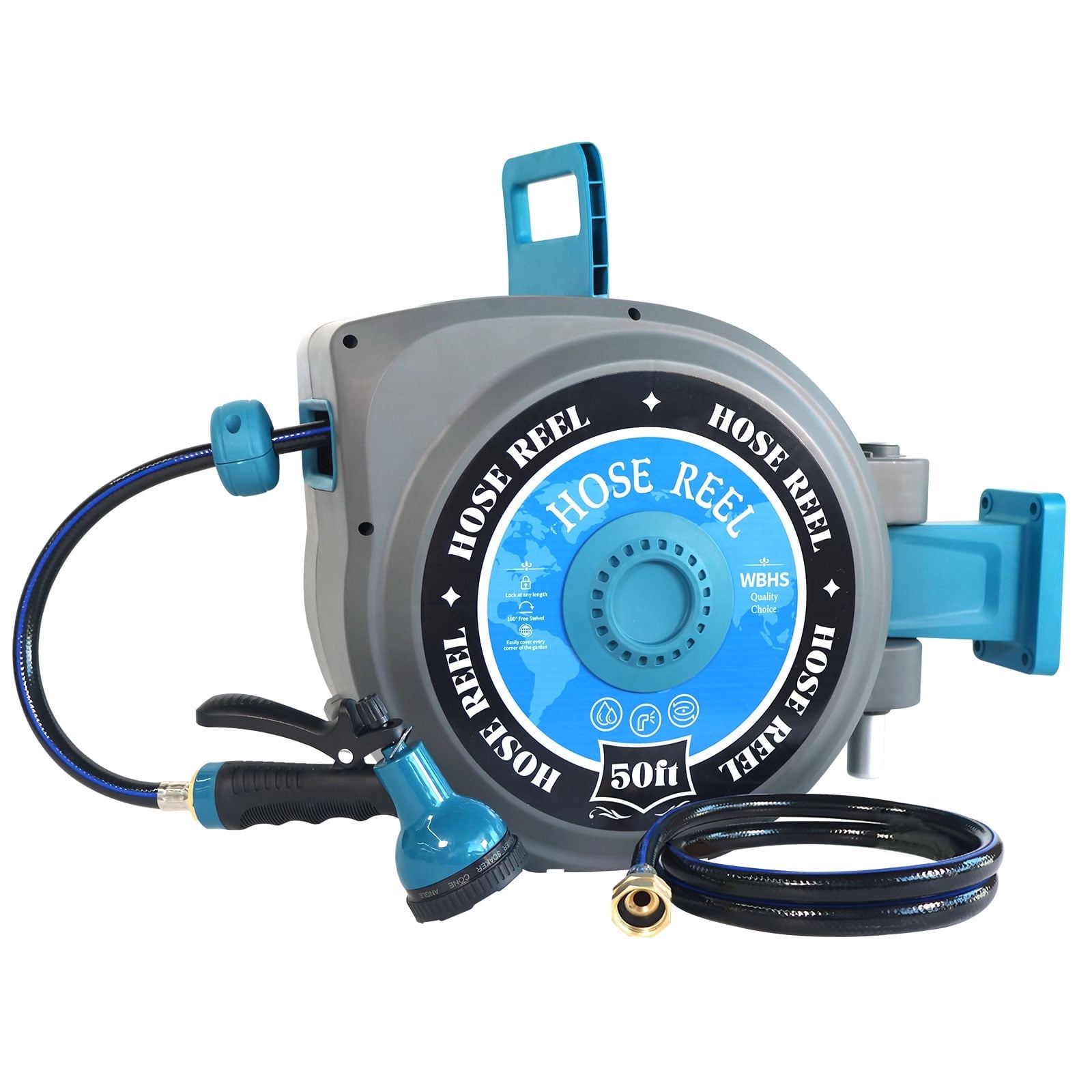 Sunifier Retractable Garden Hose Reel, 50FT, Auto Rewind, Wall Mount, UV Resistant, Brass Fitting, 10-Function Nozzle