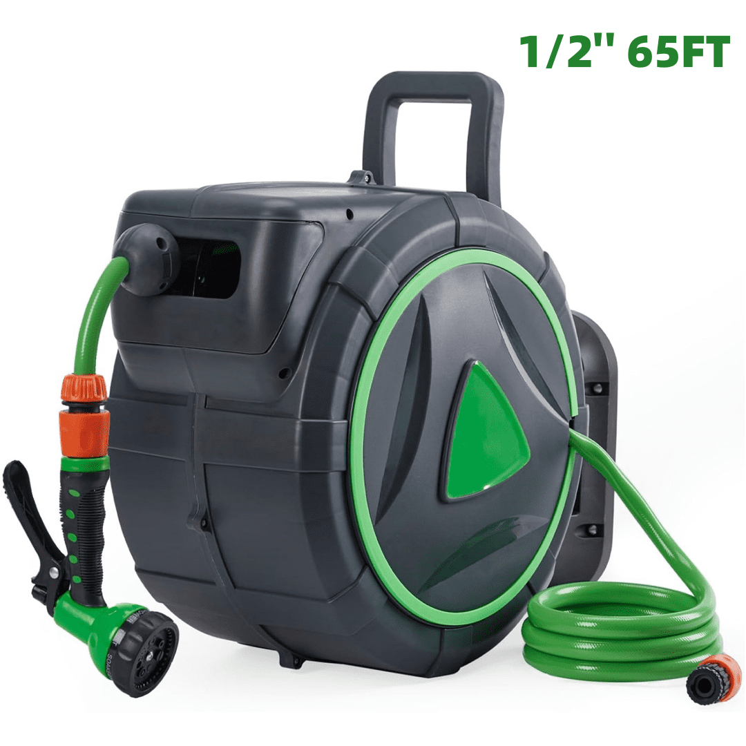 Retractable Garden Hose Reel 1/2 in x 65 ft Wall Mounted Heavy Duty Water Hose Reel with Automatic Rewind Any Length Lock 180° Swivel Bracket Enclosed Storage for Outdoor Patio Yard