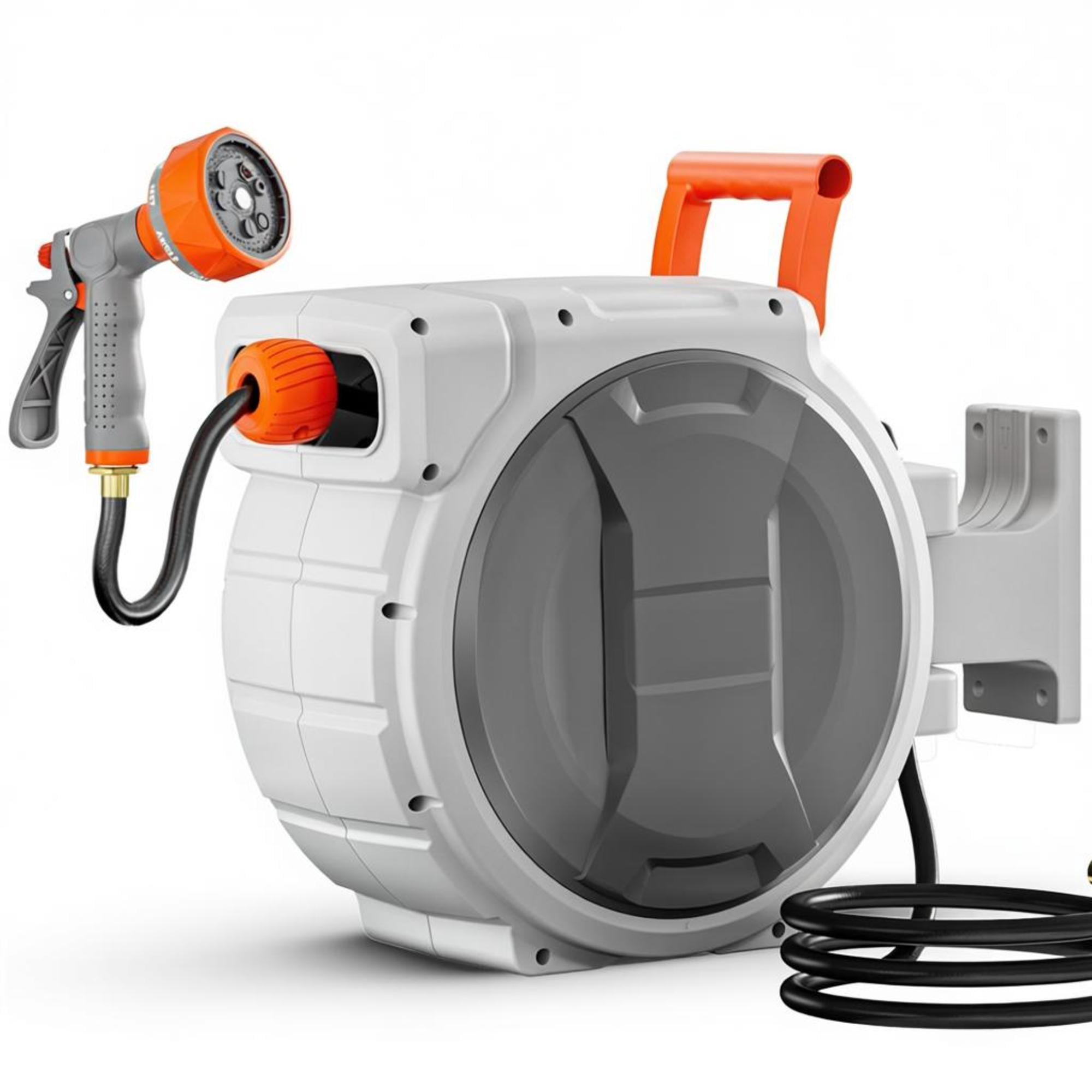 Retractable Garden Hose Reel, 1/2" x 65ft Wall Mount Hose Reel with 9-Pattern Nozzle, Any Length Lock, 180° Swivel Bracket for Yard, Lawn