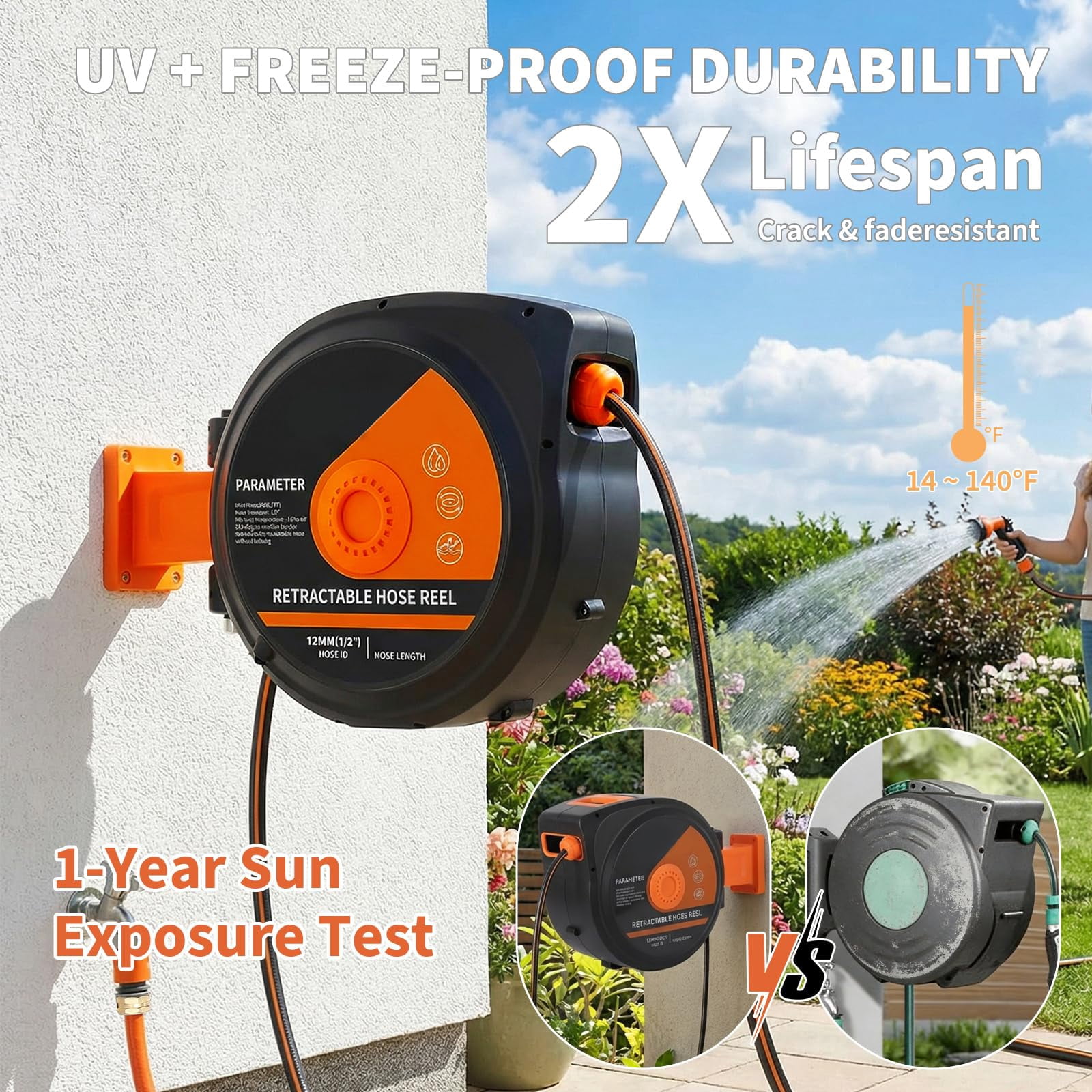 Retractable Garden Hose Reel 1/2" x 65ft – Wall Mounted Auto Rewind Hose with 180° Swivel Bracket & 10-Pattern Sprayer Nozzle
