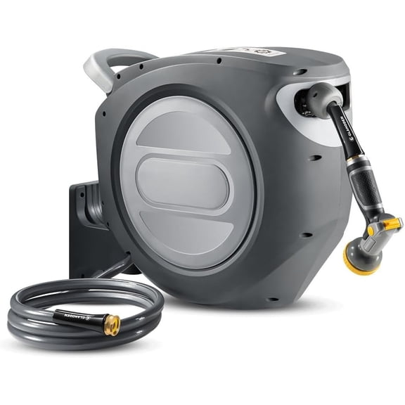 Retractable Garden Hose Reel 1/2 in x 85 ft Upgraded Heavy Duty Automatic Hose Reel Wall Mount 3/4 in Brass Fitting 9 Nozzle Any Length Lock Slow Retraction