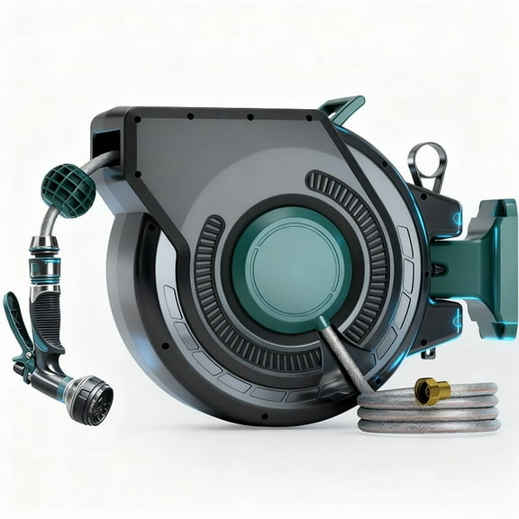 Retractable Garden Hose Reel 100 ft x 1/2 inch with Pro Metal Shaft, Heavy Duty Automatic Garden Hose Reels with Kink-Free Rewind and Lock at Any Length, Wall Mount Water Hose Reel for Outside