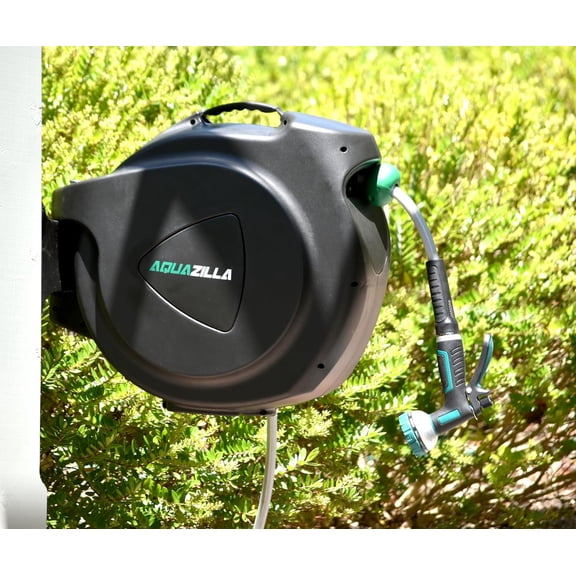 Retractable Garden Hose Reel 100Ft x 5/8 Inch  Wall Mounted with 9 Pattern Sprayer and Automatic Rewind for Outdoor Watering