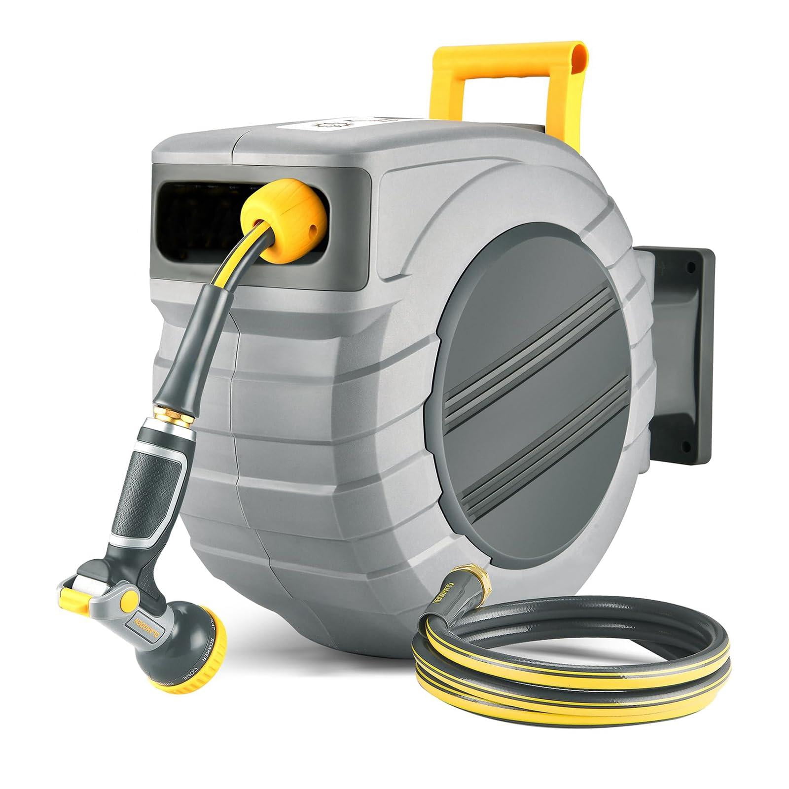 Retractable Garden Hose Reel 5/8 In X 100 Ft Upgraded Uv Resistant Heavy Duty Automatic Wall Mount 3/4 Brass Fitting 9 Pattern Nozzle Any Length Lock Slow Retraction 180° Swivel