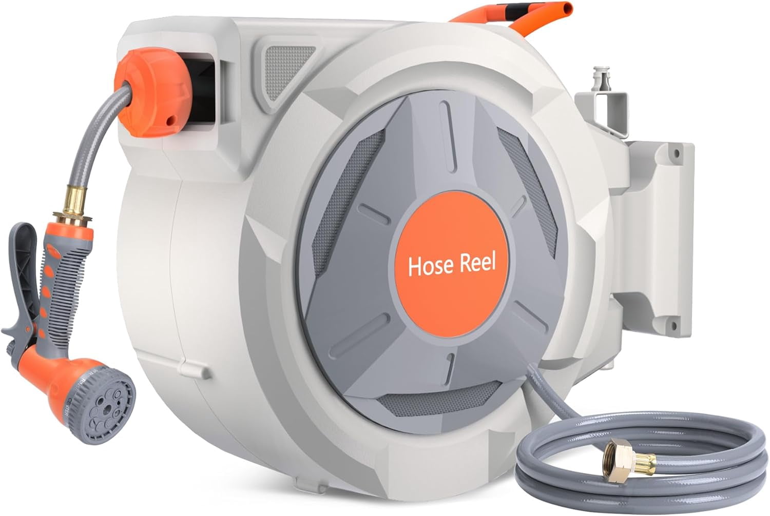 Retractable Garden Hose Reel, 5/8 In x 65 Ft With 9 Function Sprayer Nozzle, Any Length Lock, Automatic Rewind and Slow Return System, Wall Mounted and 180 Deg Swivel Bracket