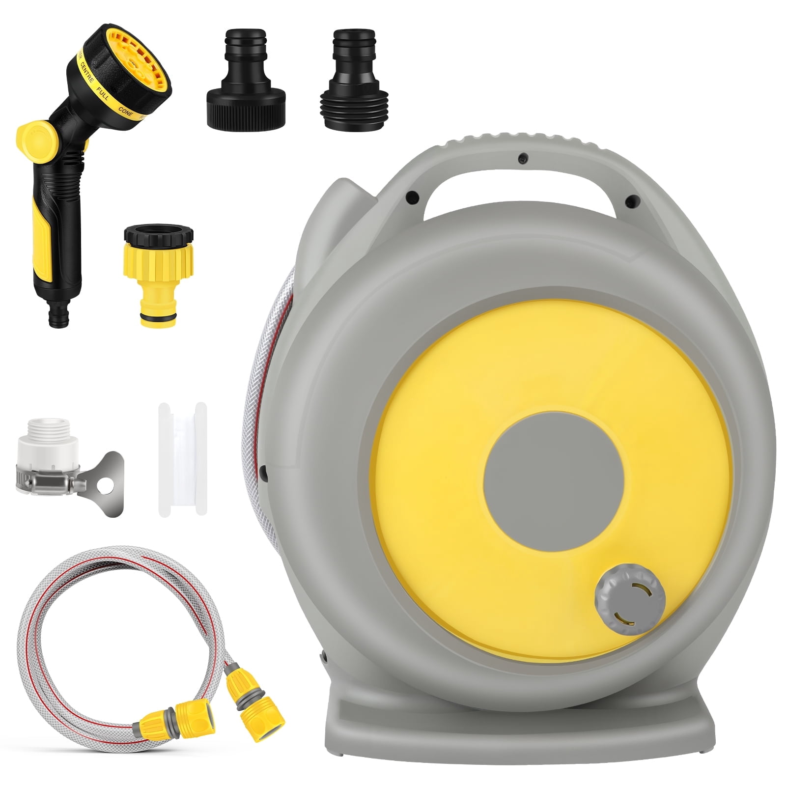 Retractable Garden Hose Reel 66 ft - Mounted Heavy Duty Hose Reel with 3/4 Inch Brass Fittings & 10-Pattern Nozzle - Rewind System, Any Length Lock