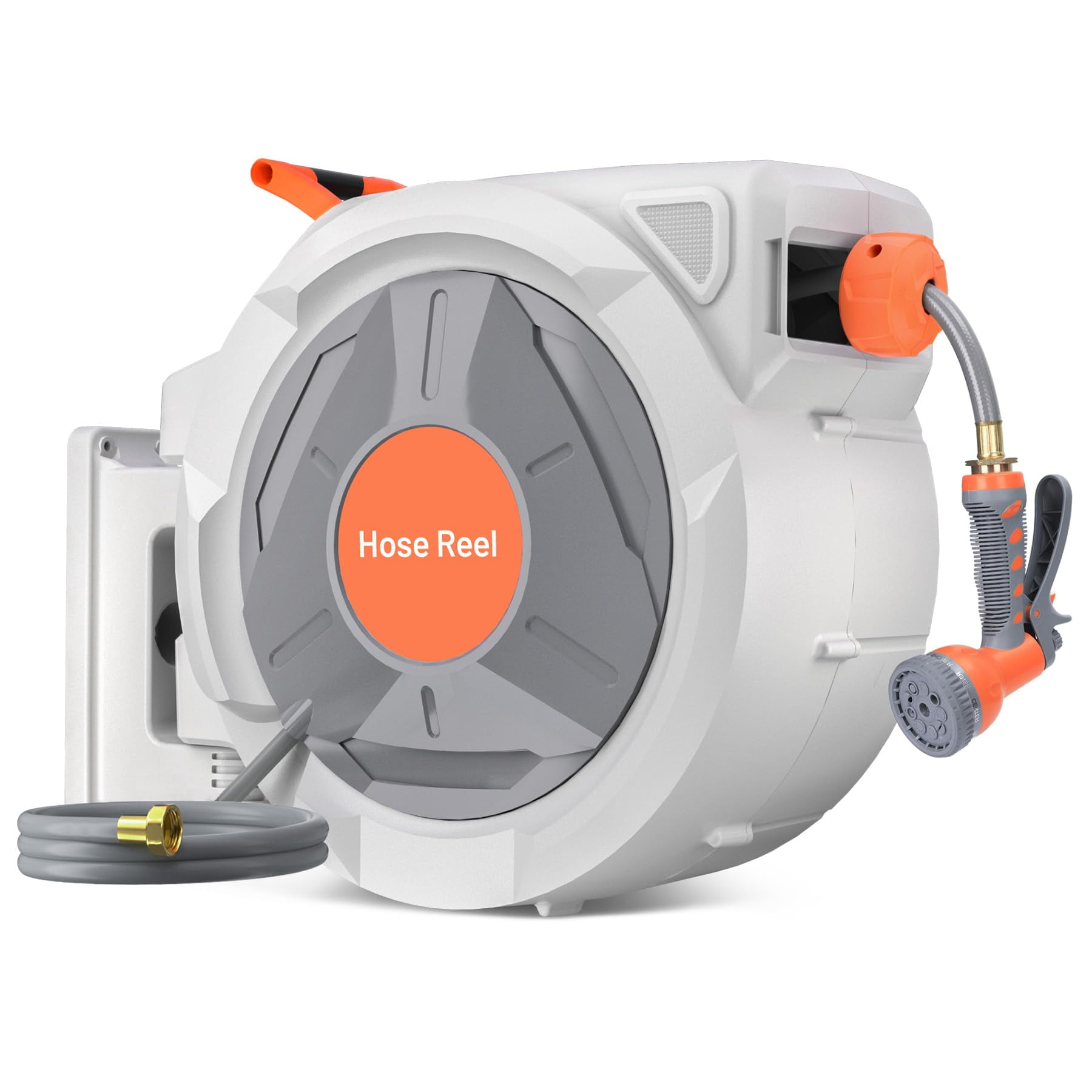 Retractable Garden Hose Reel, with 9 Patterns Nozzle, Any Length Lock, Upgraded Slow Return System and 180°Swivel Bracket, 5/8 Inch x 100 ft Wall Mounted