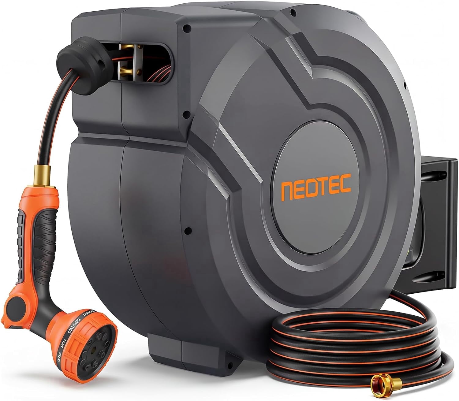 NEOTEC 90ft 5/8 Inch Retractable Garden Hose Reel-Wall Mounted Hose Reel with Automatic Slow Return System,9 Pattern Spray Nozzle,180°Swivel Bracket,UV Resistant Garden Hose Reel for Yard Watering