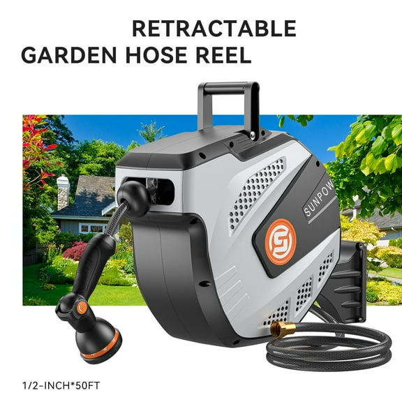 Retractable Garden Hose Reel with Auto-Rewind System – 50FT/85FT Adjustable Hose Storage, 10-Function Nozzle & 180° Swivel Mount, Perfect for Effortless Watering