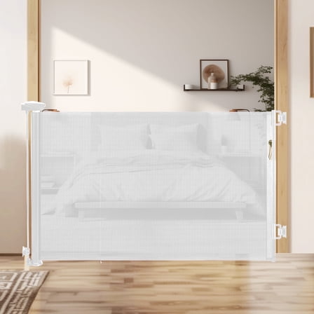 HioHa Hardware-Mounted Baby Gate, 71" Retractable Safety Gate with Auto-Lock Mesh Barrier for Stairs & Doorways, Child Proof, White