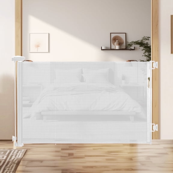 HioHa Hardware-Mounted Baby Gate, 71" Retractable Safety Gate with Auto-Lock Mesh Barrier for Stairs & Doorways, Child Proof, White