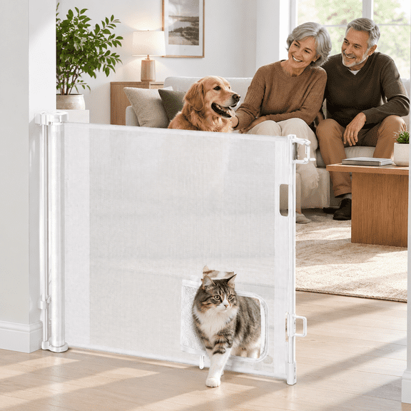Retractable Gate With Cat Door 55" Wide For Stairs Pet Dog The House Safety Gates