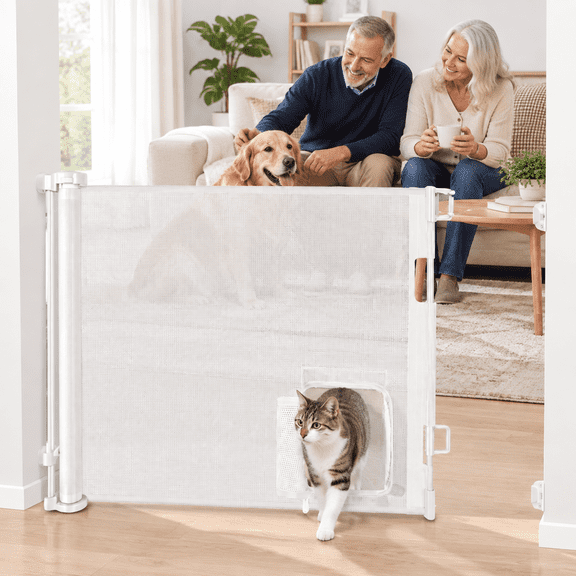 Retractable Gate With Cat Door 55" Wide For Stairs Pet Dog The House Safety Gates