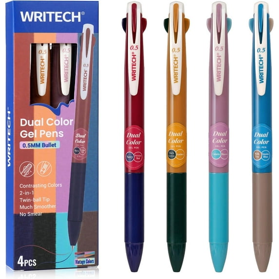 Retractable Gel Ink Pens: Multi Colored 0.5mm Fine Point 2 in 1 Colorful Click Pen Assorted Color 4ct No Smear & Bleed for Smooth Writing Journaling Drawing Notetaking