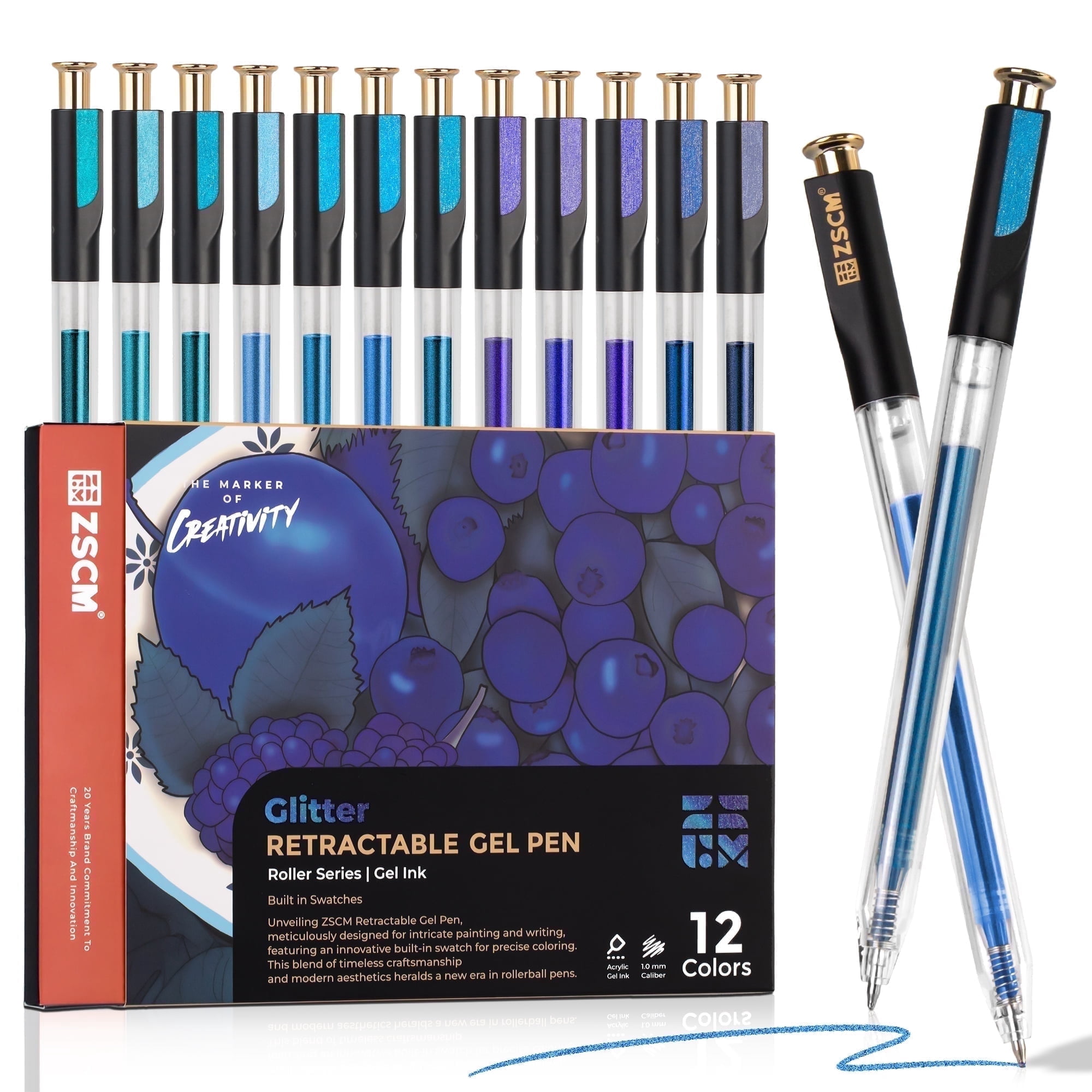 Retractable Glitter Gel Pens, 12 Colors Large Capacity Blue Glitter Metallic Gel Ink Pen, 1 mm Fine Point Smooth Writing Color Pens for Adult Coloring Book Note Taking Aesthetic Art Supplies