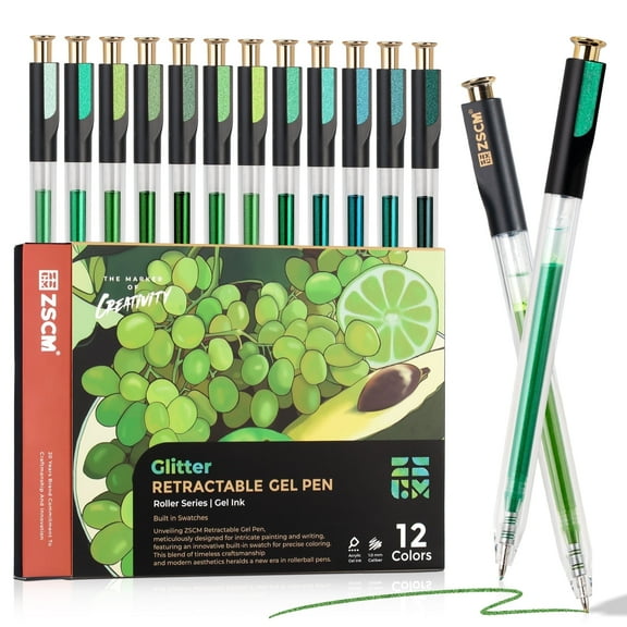 Retractable Glitter Gel Pens, 12 Colors Large Capacity Green Glitter Metallic Gel Ink Pen, 1 mm Fine Point Smooth Writing Color Pens for Adult Coloring Book Note Taking Aesthetic Art Supplies