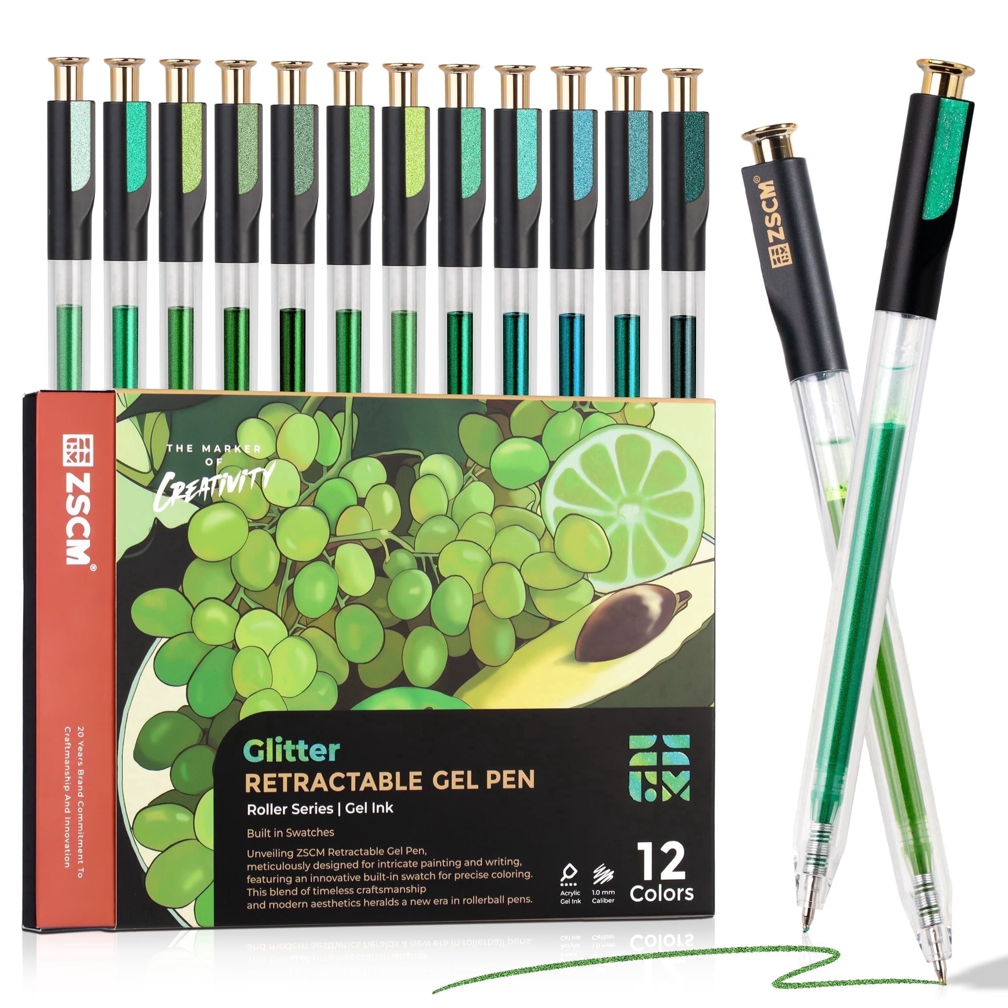 Retractable Glitter Gel Pens, 12 Colors Large Capacity Green Glitter Metallic Gel Ink Pen for Adult Coloring Book Note Taking Aesthetic Art Supplies