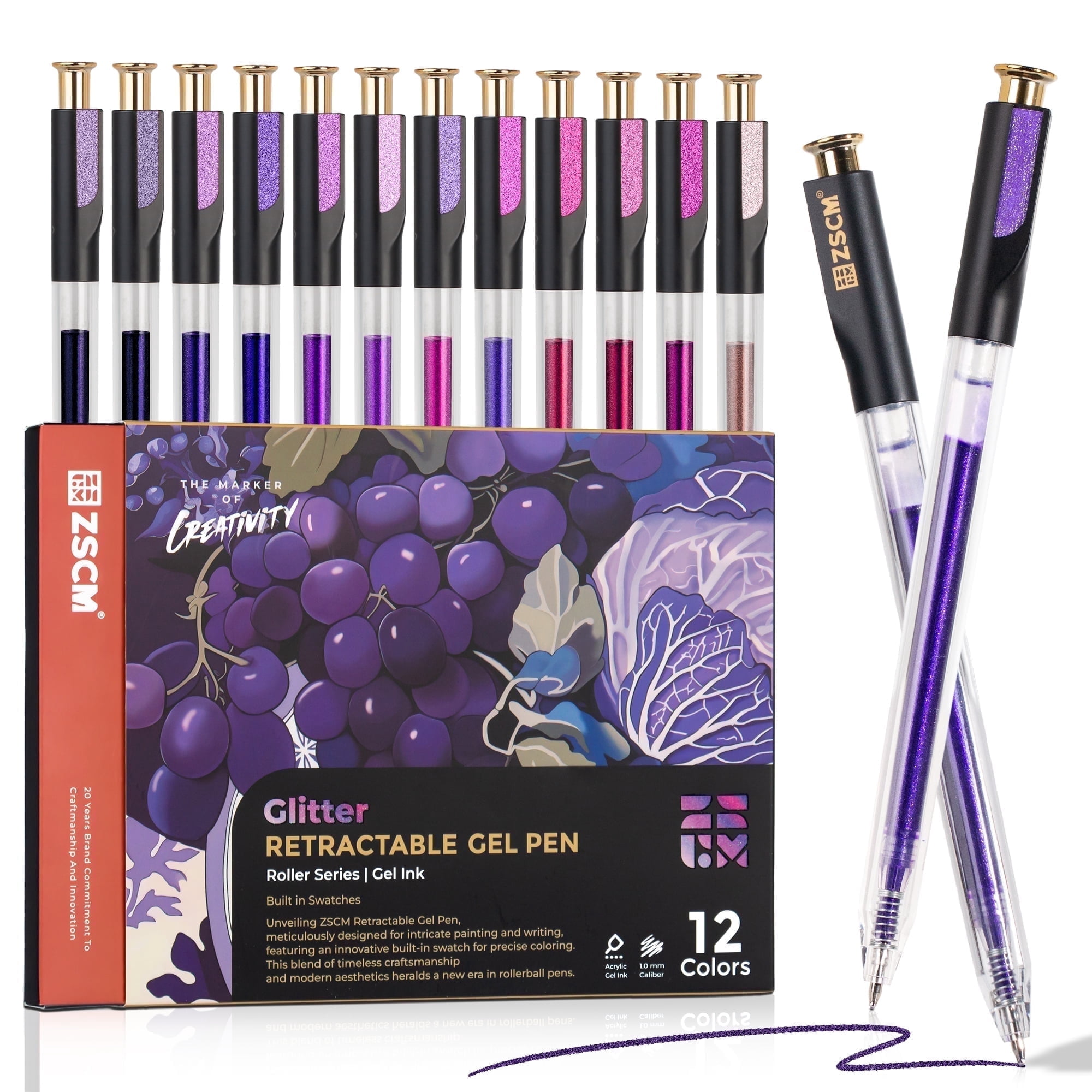 Retractable Glitter Gel Pens, 12 Colors Large Capacity Purple Glitter Metallic Gel Ink Pens, 1 mm Fine Point Smooth Writing Color Pens for Adult Coloring Book Note Taking Aesthetic Art Supplies