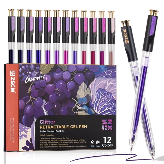Retractable Glitter Gel Pens, 12 Colors Large Capacity Purple Glitter Metallic Gel Ink Pens, 1 mm Fine Point Smooth Writing Color Pens for Adult Coloring Book Note Taking Aesthetic Art Supplies