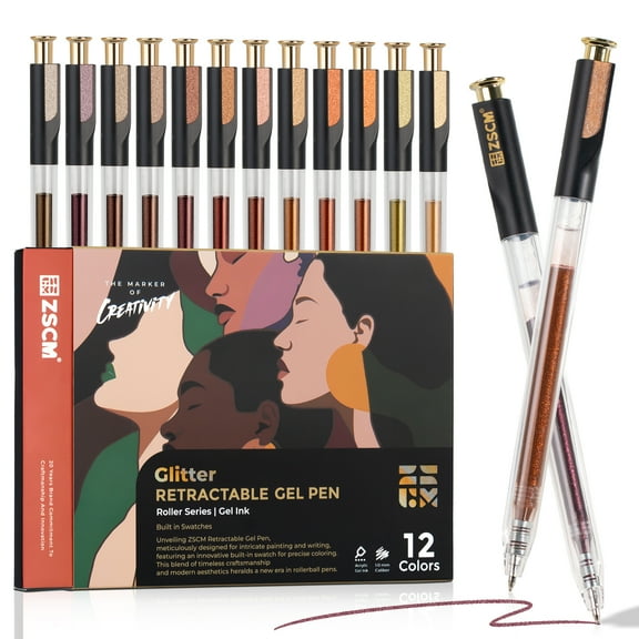12-Color Retractable Glitter Gel Pens, Skin Tone Metallic Ink with Fine Point for Coloring Books