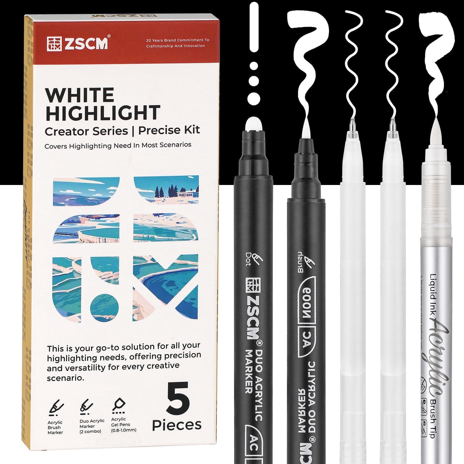 5 Pack White Acrylic Ink Pens for Drawing, Fine Point White Gel Pens, Opaque Acrylic Markers for Black Paper Sketching, Illustration, Card Making