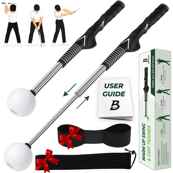 Retractable Golf Swing Aid - Telescopic Golf Click Stick with Grip Trainer for Beginners - Indoor Golf Swing Trainer, Practice Club and Daily Warm-Up Tempo - Right Handed