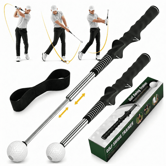 Retractable Golf Swing Trainer Aid with Arm Band, Right Hand Golf Training Tool with Click Sound Feedback, Golf Grip Corrector for Swing Tempo Practice & Pre-Game Warm Up