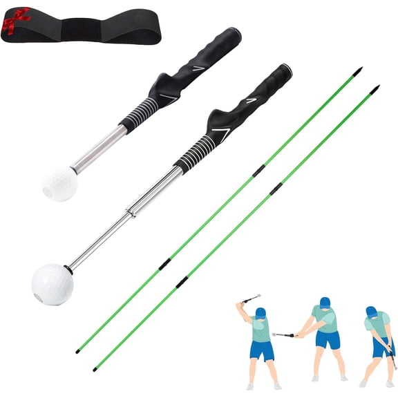 Retractable Golf Swing Trainer - Golf Swing Aid, Non-Slip Golf Grip Trainer, Strength & Tempo , Golf Alignment Sticks & Arm Band, Indoor Outdoor Golf Swing Practice