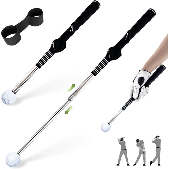 Retractable Golf Swing Training Aid, Portable Grip Trainer with Click Feedback for Right-Handed Golfers, Includes Arm Band, Strength & Tempo Trainer for Chipping, Indoor & Outdoor Practice