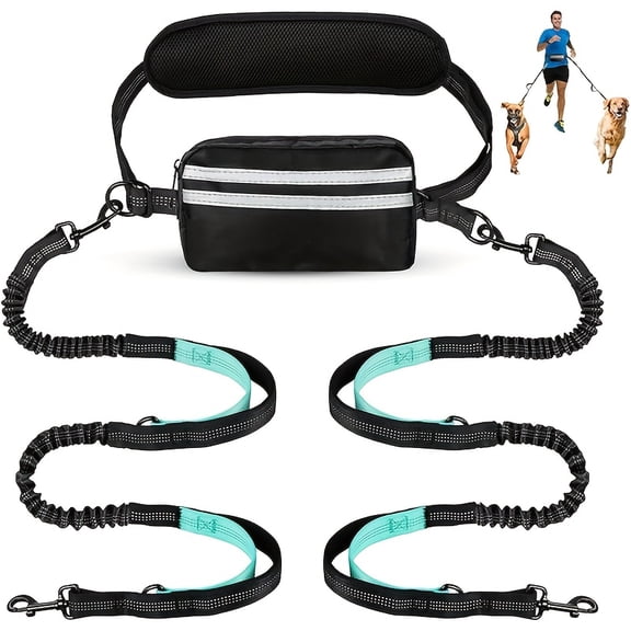 Retractable Hands Free Dog Leash with Dual Bungees for 2 Dogs, Adjustable Waist Belt Belt Bag, Reflective Stitching Leash for Running Walking Hiking Jogging Biking