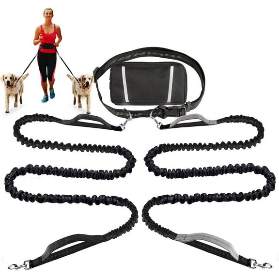 Retractable Hands-Free Dog Leash with Dual Bungees for 2 Dogs, Adjustable Waist Belt Fanny Pack, Reflective Stitching Leash for Running Walking Hiking Jogging Biking