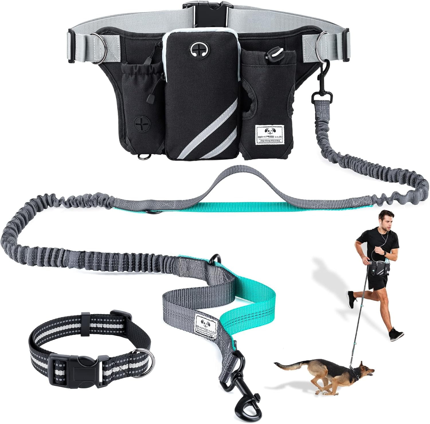 Retractable Hands Free Dog Leash with Dual Bungees for 2 Dogs, Adjustable Waist Belt Fanny Pack, Reflective Stitching Leash for Running Walking Hiking Jogging Biking Black