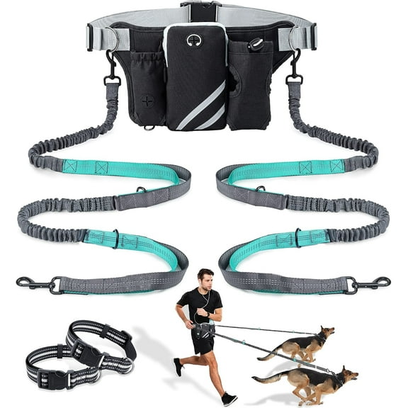 Retractable Hands Free Dog Leash with Dual Bungees for 2 Dogs, Adjustable Waist Belt Fanny Pack, Reflective Stitching Leash for Running Walking Hiking Jogging Biking Black