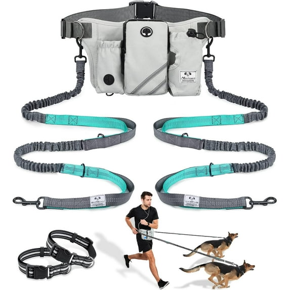 Retractable Hands Free Dog Leash with Dual Bungees for 2 Dogs, Adjustable Waist Belt, Reflective Stitching for Running Walking Hiking Jogging Biking, Black & Gray