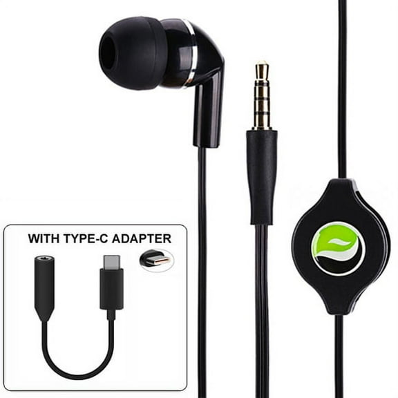 Retractable Handsfree MONO Headset Mic Earphone with TYPE-C Audio Adapter Peemium Sound Headphone Converter Single Earbud Black 7E for Motorola Moto Z Droid Force Droid