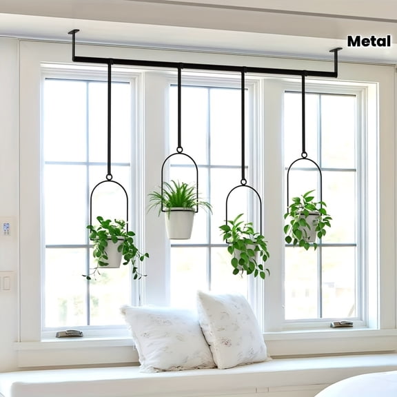 Retractable Hanging Planter with 4 Pots -Heavy Duty Metal Frame,Adjustable Width Nylon Rope Hook, Wall/Ceiling/Window Mount for Indoor Outdoor Herb Garden, Sliding Plant Rack & Cabinet Storage, Black